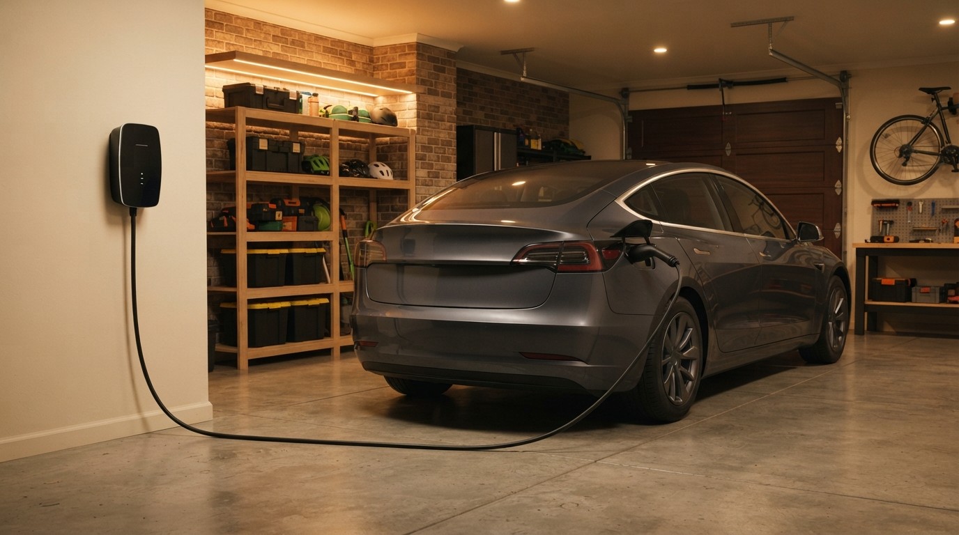 Electric vehicle plugged in inside a home garage at night