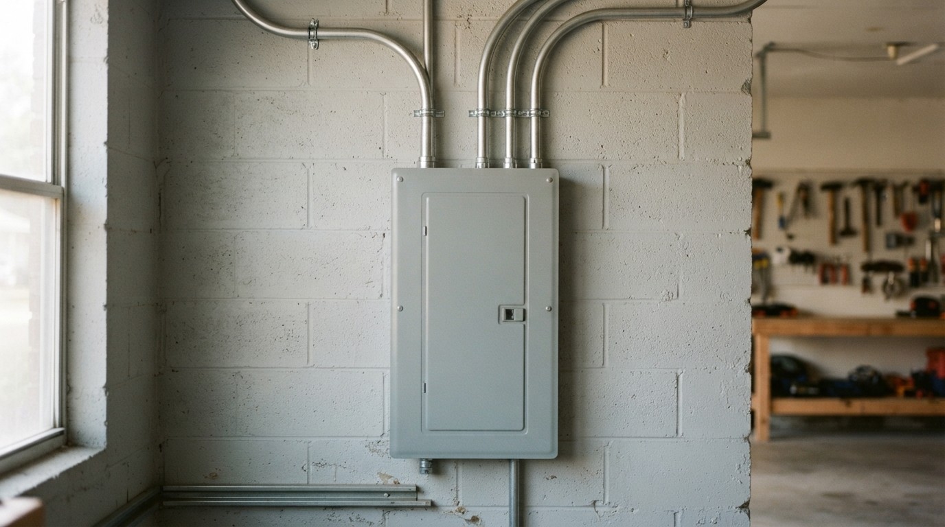 Closed residential electrical panel door on a garage wall with tidy conduit