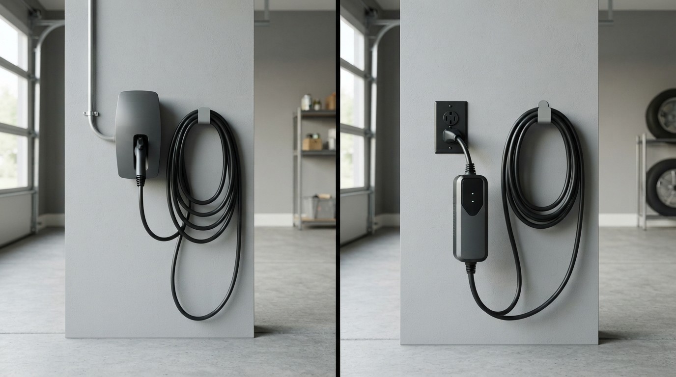 Wall-mounted charger beside a plug-in charging unit connected to a wall outlet