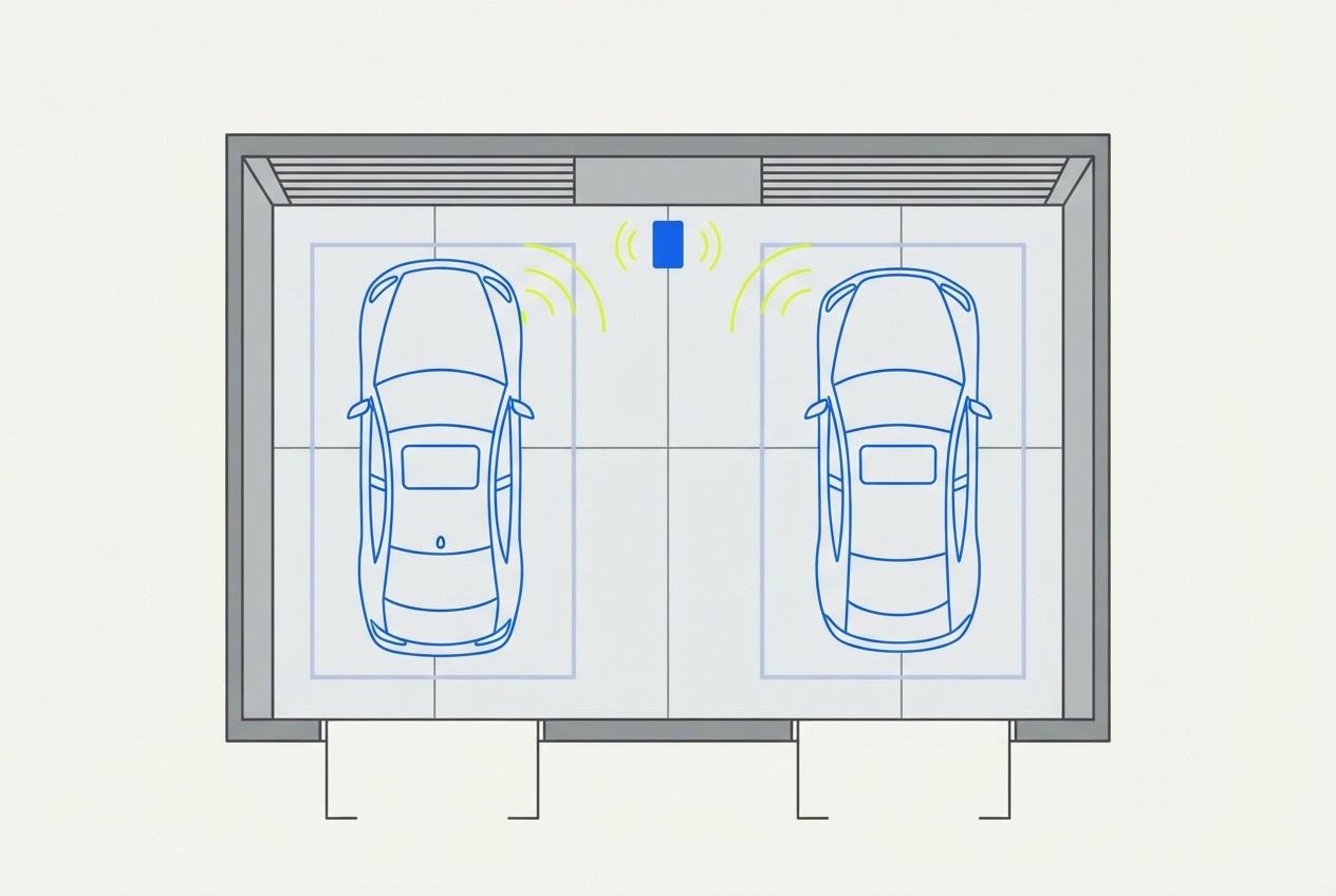 Top-down garage plan with two parked car positions and cable reach arcs